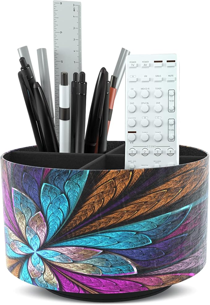 Hennaja Round Leather Art Supply Organizer,Remote Control Holder,360 Degree Rotating,Multi-Functional Pencil Holder,4 Compartments Desktop Stationary Organizer(1-Fractal Flower)-NeatNest