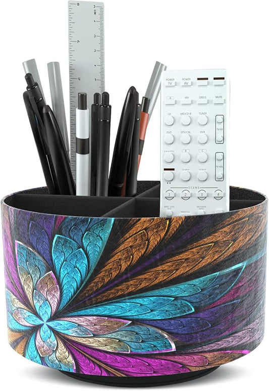 Hennaja Round Leather Art Supply Organizer,Remote Control Holder,360 Degree Rotating,Multi-Functional Pencil Holder,4 Compartments Desktop Stationary Organizer(1-Fractal Flower)-NeatNest