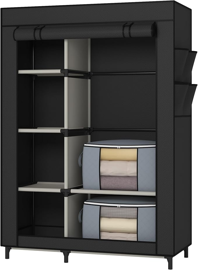 Calmootey Portable Closet, Wardrobe with 6 Shelves and Hanging Rod, Storage Organizer for Bedroom, Non-Woven Fabric Cover with 4 Side Pockets, Includes 2 Storage Bags for Clothes, Black-NeatNest