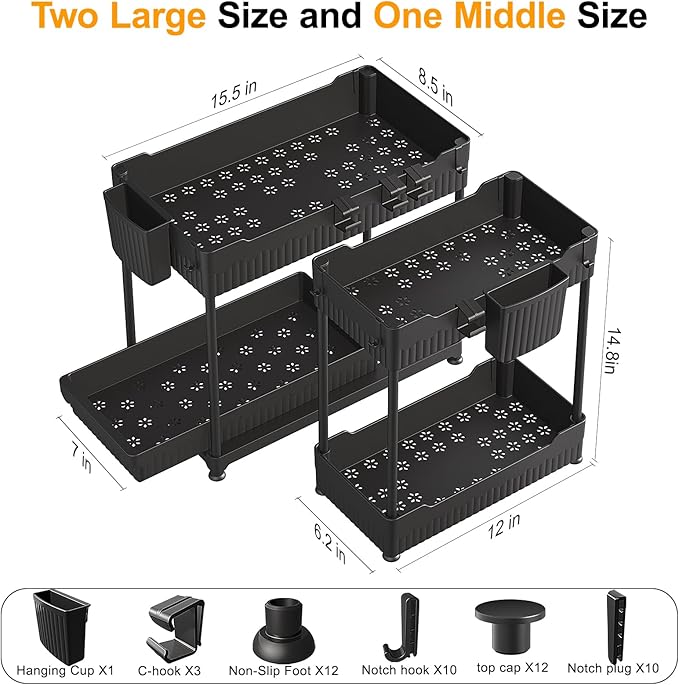 3 Pack Under Sink Organizers, 2-Tier Multi-Use Kitchen and Bathroom Organizers and Storage with Sliding Drawers，Bathroom Cabinet Organizer (Black, 14.8 Inch)-NeatNest