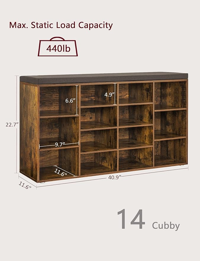 DINZI LVJ Shoe Storage Bench with Cushion, 14-Cubby Shoe Rack, Adjustable Shelves, Multifunctional Shoe Organizer Bench for Entryway, Mudroom, Hallway, Living Room, Bedroom and Garage, Rustic Brown-NeatNest