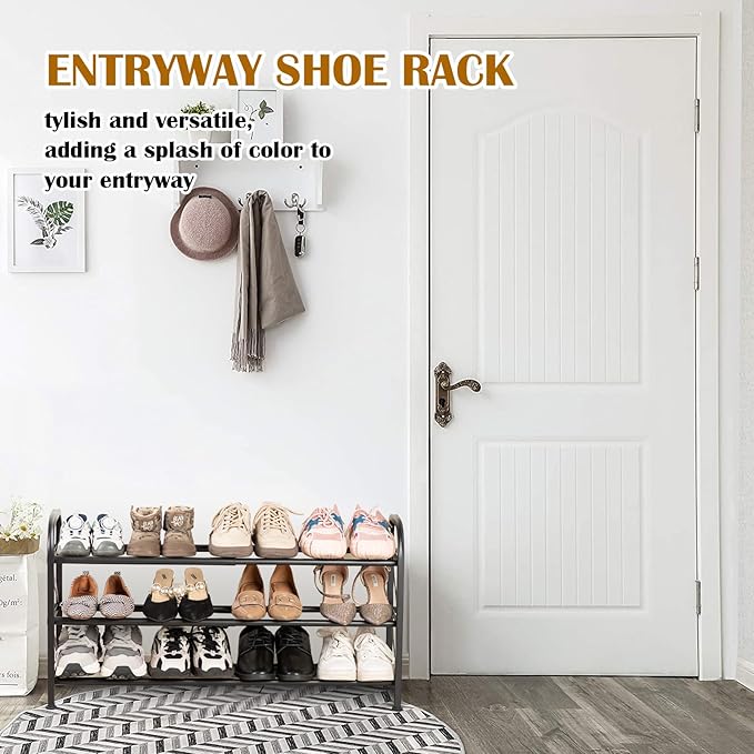 3-Tier Expandable Shoe Rack for Closet，Adjustable Shoe Rack，Black Metal Free Standing Shoe Rack for Entryway Closet Doorway