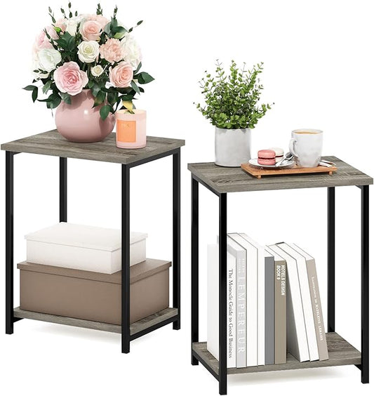 Furinno Simplistic Metal Frame End Table, 2-Pack, French Oak-NeatNest