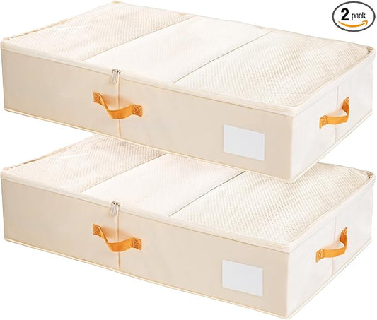 Criusia Under Bed Storage Bins with Clear PVC Lids – 2 Pack Large Underbed Organizers with Heavy-Duty Handles, Reinforced with 800G PP Panels & 80G Non-Woven Fabric – Waterproof & Foldable, Beige-NeatNest