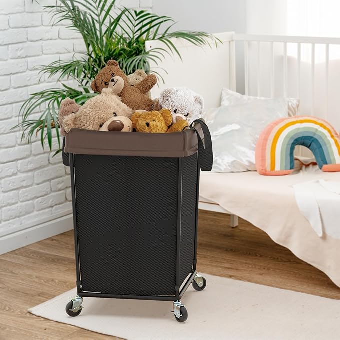 Laundry Hamper with Wheels, Laundry Basket with Wheels Laundry Sorter Cart, Narrow Slim Clothes Hamper Organizer with Sturdy Metal Frame (Black-2 Section-2PK, Large)