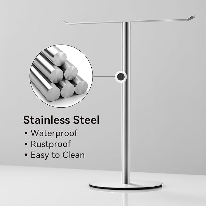 Silver Hand Towel Holder Stand – Countertop T-Shaped Stainless Steel Towel Rack with Non-Slip Base for Vanity and Kitchen