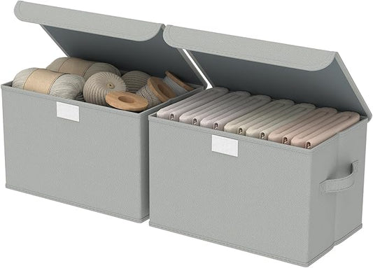 Foldable Storage Bin, Cube Organizer Basket with Flip-Top Lid and 2 Handles, Decorative Boxes for Shelves with Cover for Clothes, Towels, Blanket, 2 Pack, Grey, 13 x 9 x 7.9 In, XSNY12GM-2-NeatNest