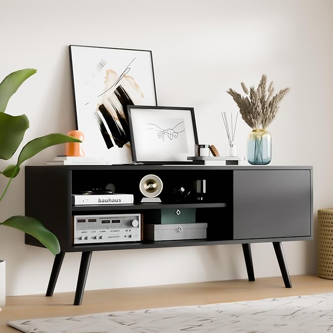 Cozy Castle TV Stand for 48 Inch TV, Mid Century Modern Entertainment Center with Storage Cabinet, TV Media Console for Living Room, Bedroom, Black-NeatNest