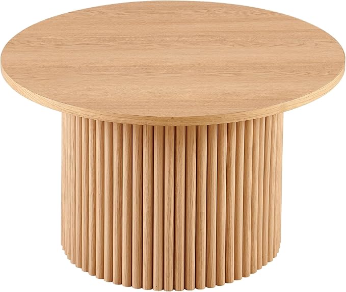 NORDICANA Single Accent Round Coffee Table, 27.5 Inch Oak Color Farmhouse Center Table for Living Room, Manufactured Wood Top with Oak Veneer