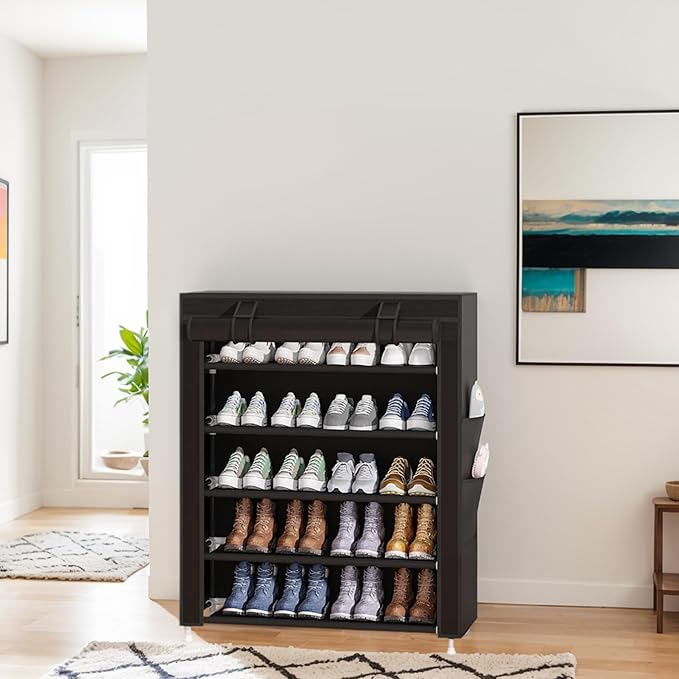Laiensia 5-Tier Vertical Shoe Rack Organizer, Space Saving Shoe Storage Organizer, Non-Woven Cover Shoe Shelf Holds 20-25 Pairs for Bedroom, Hallway, Closet Entryway, Black-NeatNest