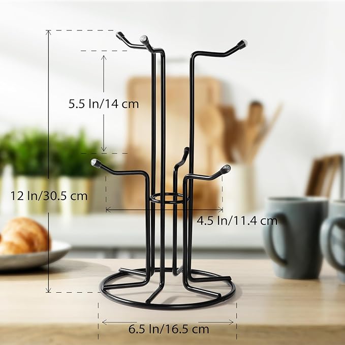HULISEN Mug Tree for Large Cups, Counter Coffee Mug Holder with 6 Hooks, Metal Coffee Cup Holder Tree, Standing Rack for Countertop, Kitchen Counter Decor, Black-NeatNest