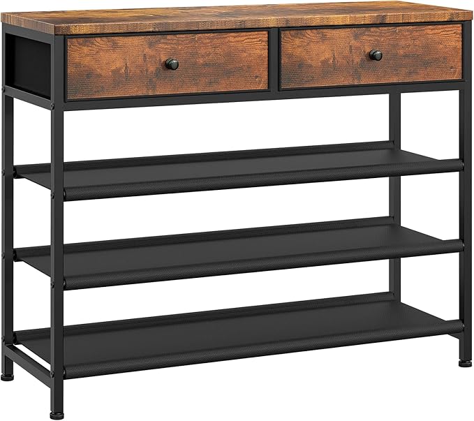 usikey Shoe Rack, 4 Tier Shoe Storage Organizer with 2 Drawers, Metal Shoe Shelf for 12-15 Pairs of Shoes, with 3 Fabric Shelves and Wooden Top, Shoe Stand for Closet Entryway, Rustic Brown-NeatNest