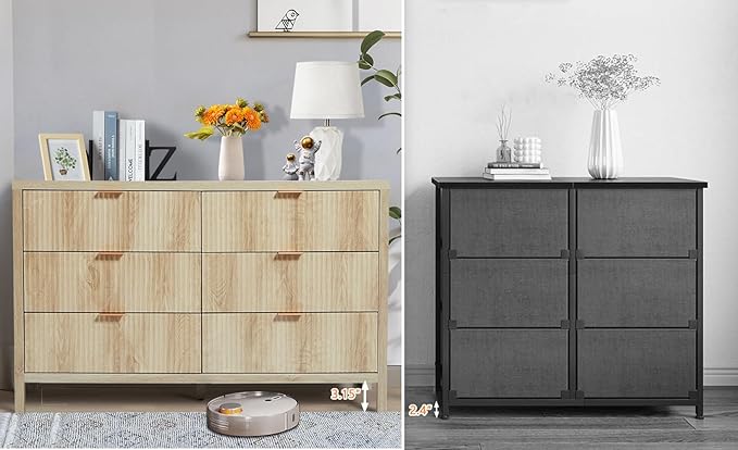 6 Drawer Dresser Cabinet, Long Nightstand with Drawers and Storage Cabinet, Boho Solid Wood Dresser TV Stand, Mid Century Modern Nightstand with 6 Drawer Dresser for Bedroom Closet (Natural)