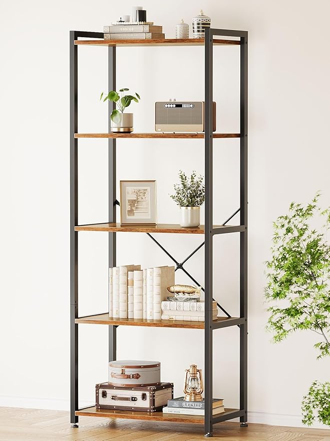Casaottima Book Shelf, 5 Tier Bookshelf, Modern Wood Bookcase Shelves for Bedroom, Industrial Display Shelf for Living Room Home Office Kitchen, Standing Shelving Unit Storage Organizer, Vintage-NeatNest