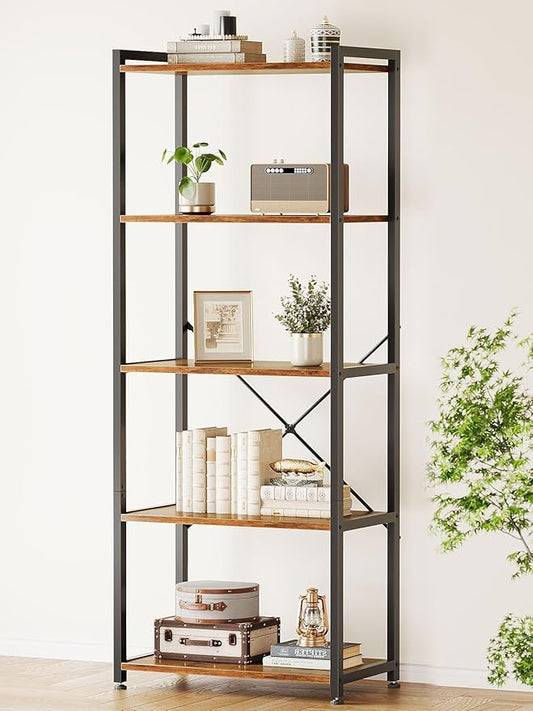 Casaottima Book Shelf, 5 Tier Bookshelf, Modern Wood Bookcase Shelves for Bedroom, Industrial Display Shelf for Living Room Home Office Kitchen, Standing Shelving Unit Storage Organizer, Vintage-NeatNest