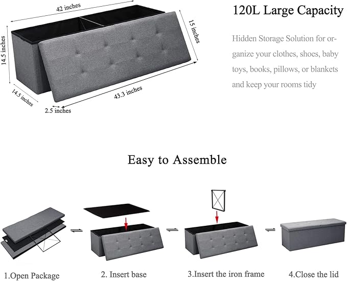 B FSOBEIIALEO Storage Ottoman with Filpping Lids, Ottoman Storage Bench Footrest Seat, Storage Chest Linen 43.3"x15"x15" (Grey)