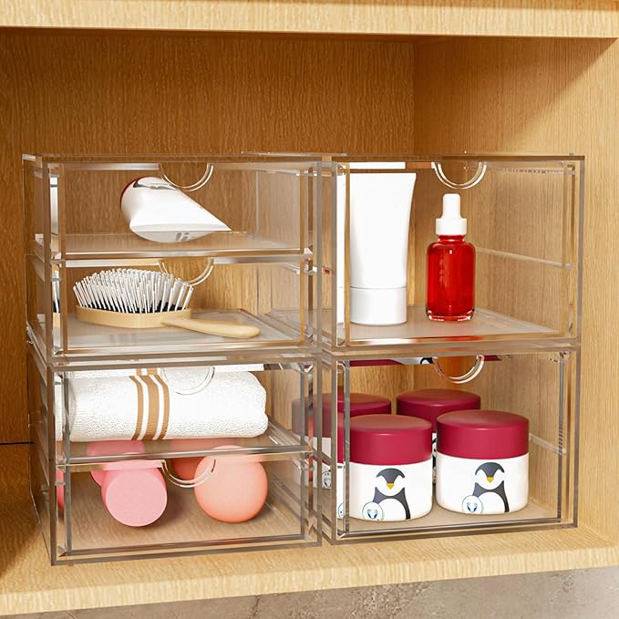 Acrylic Makeup Organizer, 4 Pack Drawer Organizer - Transparent Desktop Storage for Cosmetics, Office Supplies & More - Clear Organizer for Home & Office Use