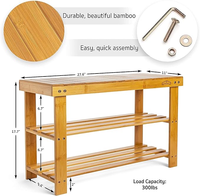 Homemaid Living Bamboo 3 Tier Shoe Rack Small Bench, Outdoor Shoe Rack Weatherproof - Shoe Rack with Bench, Bathroom Bench, Shoe Organizer for Entryway, Hallway, Living Room (Natural Bamboo)-NeatNest