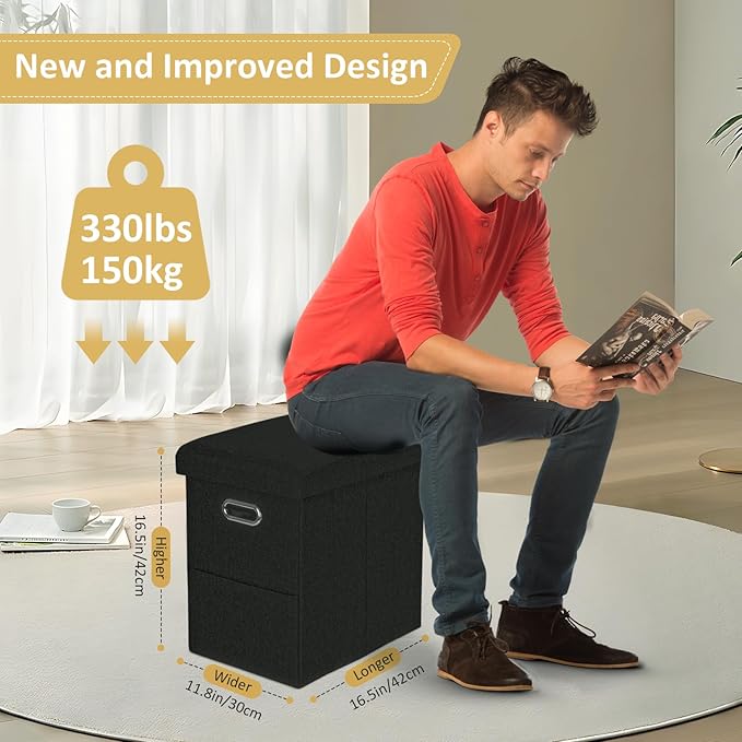 Tall Ottoman with Storage Collapsible Fabric Small Slim Folding Ottoman Furniture with Handles Lid for Room Footrest Foot Stool Linen Black 16.5x16.5x11.8in