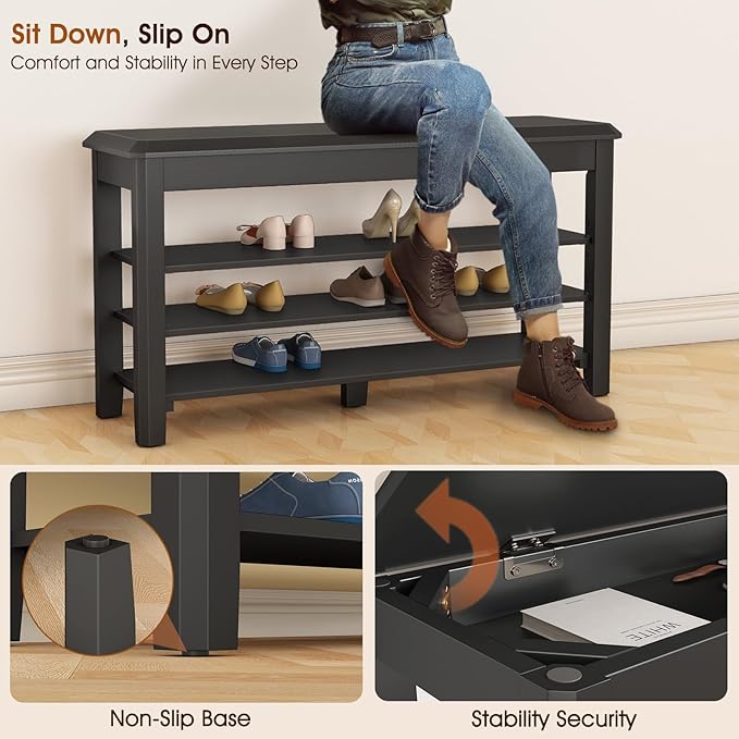 Shoe Rack Bench Seat Rubberwood 3-Tier Wooden Storage Bench 550lbs Compact Mid-Century Modern Design for Entryway, Hallway, Closet, Front Door Entrance, Foyer-NeatNest