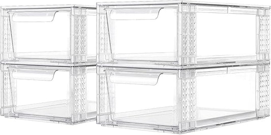 4 Pack Clear Stackable Storage Drawers, 3.95" H Easily Assemble Acrylic Organizer Bins - Multi-Use for Make up, Closet, Pantry, Bathroom, Medicine, Kitchen Cabinet & Undersink Organization-NeatNest