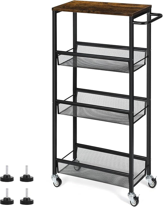 NANANARDOSO 4 Tier Slim Storage Cart, Shelving Unit for Small Space, Rolling Storage Cart with Wooden Top and Metal Handle for Narrow Space on Kitchen, Bathroom, Laundry Room, Black.