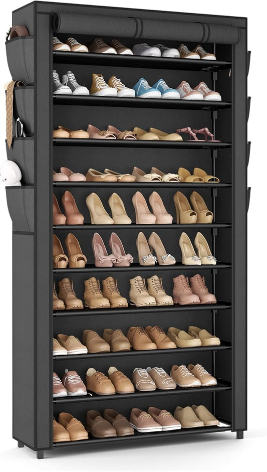VTRIN Tall Shoe Rack with Cover, 10 Tier Shoe Organizer Storage for 50-55 Pairs Shoes and Boots Large Capacity Shoe Shelf with 8 Pockets Free Standing Shoe Rack for Closet, Entryway, Garage-NeatNest