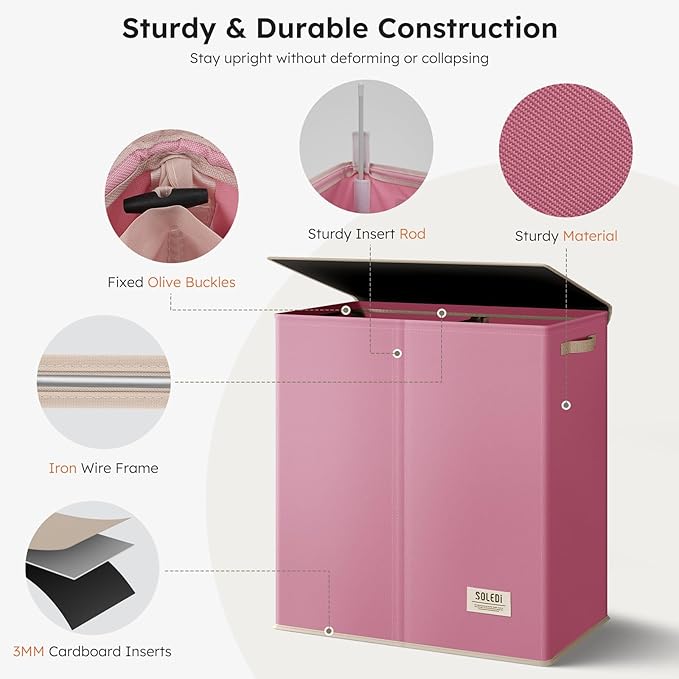 SOLEDI Large Double Laundry Hamper with Lid, Collapsible Clothes Hamper 2 section with Removable Bags, Space-Saving Laundry Basket for Bedroom, Dorm, College-NeatNest