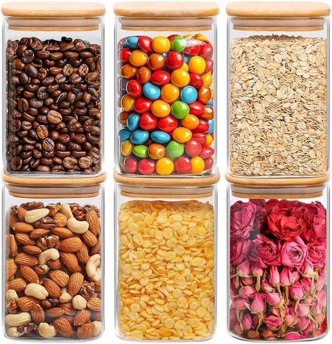ComSaf 1.2 QT Glass Storage Containers with Lids, Glass Jars with Lids, Clear Food Jar, Square Canister Set of 6, Pantry Organizers and Storage for Cookie Flour Oat Pasta Tea Coffee Bean-NeatNest