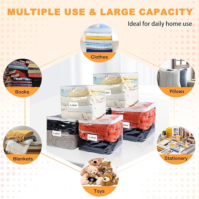 Clear Zippered Storage Bags Plastic Sweater Storage Bags with Zipper 6 Packs Clothing Organizer for Blankets Linen Sweater Bed Sheet Quilt Clothes Pillow (12 x 12 x 12 Inch)-NeatNest