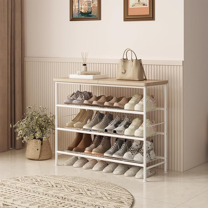 Shoe Rack Organizer 4 Tier for Closet Entryway Free Standing Metal Storage Shoe Shelf with MDF Top Board，White+Oak-NeatNest