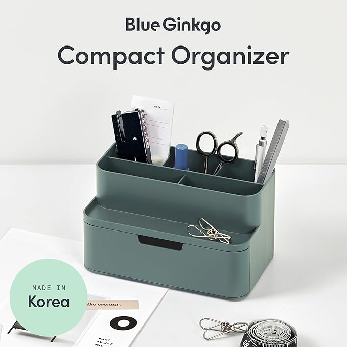 BLUE GINKGO Compact Desk Organizer – Small 5-Compartment, Half Drawer Storage – Pen Holder, Stationery Organizer for Desktop, Vanity, Shelf (Made in Korea, Green)-NeatNest