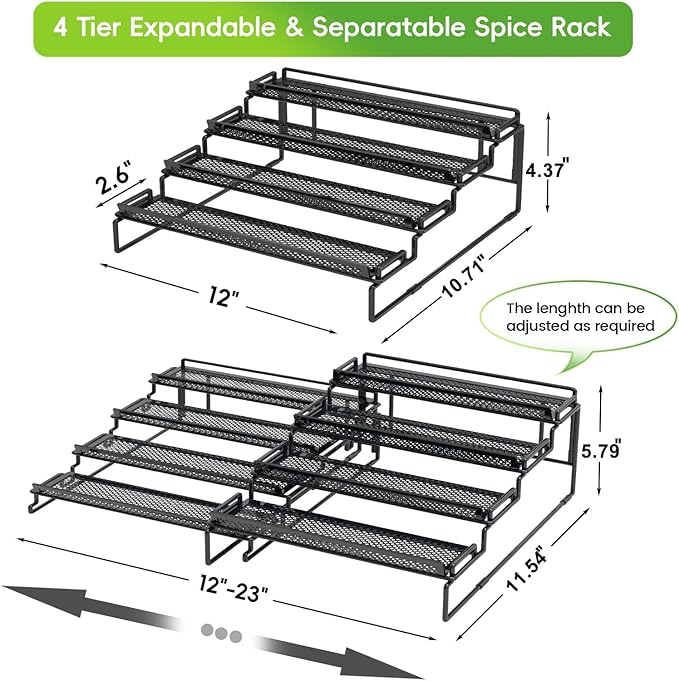 4 Tier Spice Rack Organizer for Inside Cabinet Expandable Display Riser Shelf Seasoning Organizer for Countertop Cupboard Pantry Adjustable Step Storage Holder with Protection Railing (Black, 2PC)-NeatNest