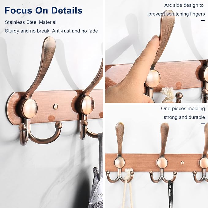 NearMoon Coat Rack Wall Mounted-2 Pack, Heavy Duty Bath Towel Hooks Stainless Steel Robe Hooks Holder, Metal Coat Hook for Towel Coat Hat Key Bathroom Bedroom Hotel Entryway (5 Hooks, Antique Copper)