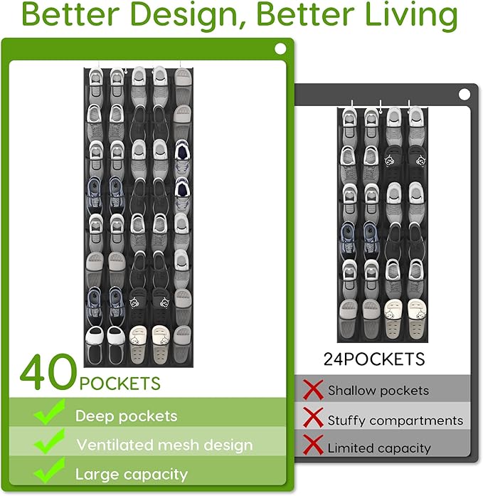 Unjumbly Over the Door Shoe Organizer with 40 Large Breathable Mesh Pockets, Space Saving Shoe Holder, Hanging Shoe Rack for Entryway Bedroom Closet Storage (Black, 40 Pockets)-NeatNest