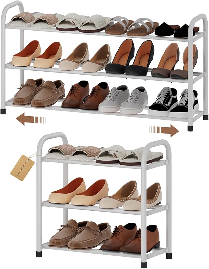Expandable Shoe Rack, Adjustable Shoes Organizer Metal, Space-Saving Storage Shelf for Closet, Entryway, Front Door & Hallway,Sturdy and Easy Assembly (White, 3-Tier)
