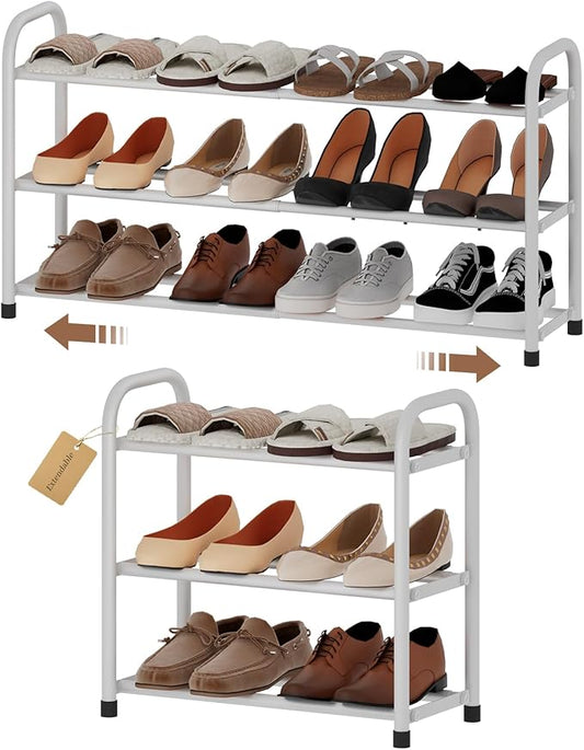 Expandable Shoe Rack, Adjustable Shoes Organizer Metal, Space-Saving Storage Shelf for Closet, Entryway, Front Door & Hallway,Sturdy and Easy Assembly (White, 3-Tier)