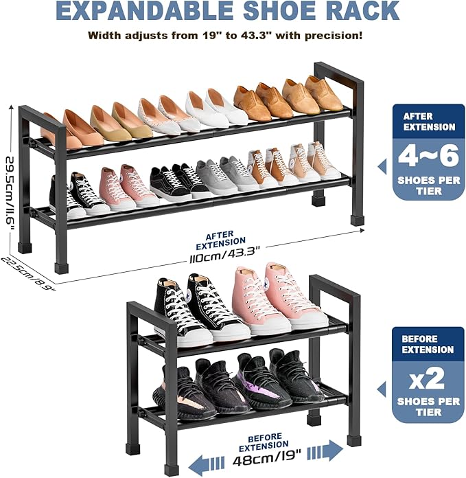 Mavivegue Expandable Shoe Rack, 2-Tier 19"-43.3" Adjustable Shoe Rack for Closet,Hall Entryway,Front Door,Garage, Sturdy Steel Space-Saving Rack, Black-NeatNest