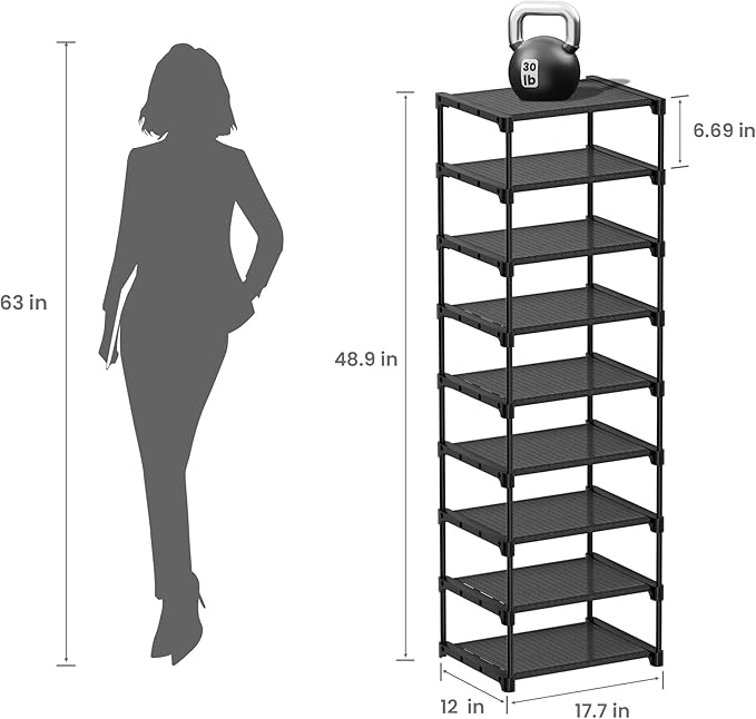 VIZUN 9 Tier Shoe Rack for Entryway, 4 Thickened Steel Pipes per Layer, Vertical Shoe Organizer Storage Free Standing, Sturdy Multi Function Metal Shoe Shelf Black-NeatNest