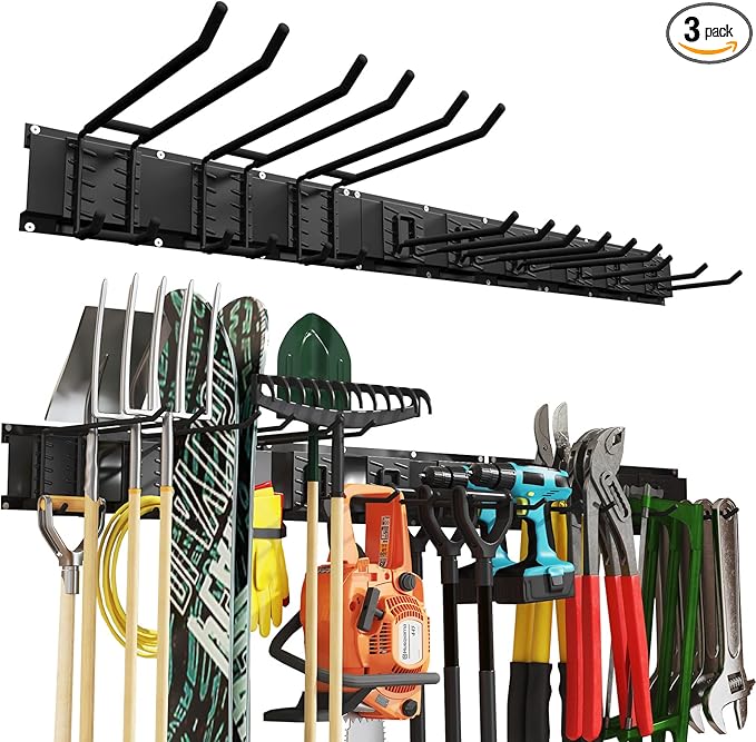 48 Inches Garage Organization,Wall Mount Garden Tool Organizer,660lbs Adjustable Heavy Duty Metal Hanging Hooks, Garden Tool Hangers Storage Rack for Garage, Yard, and Shed (3 Racks, 9 Hooks)