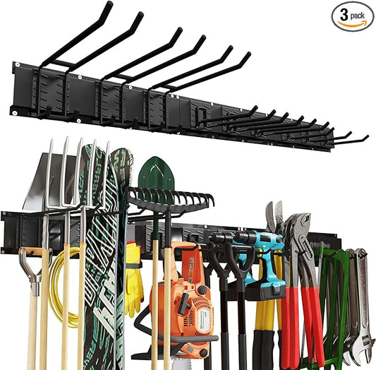 48 Inches Garage Organization,Wall Mount Garden Tool Organizer,660lbs Adjustable Heavy Duty Metal Hanging Hooks, Garden Tool Hangers Storage Rack for Garage, Yard, and Shed (3 Racks, 9 Hooks)