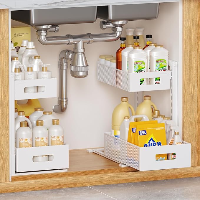 2 Pack Under Sink Organizer, Adjustable Height Under Sink Organizers and Storage, Smooth & Silent Sliding Out Metal Drawer for Kitchen Bathroom Pantry Cabinet Closet (White)-NeatNest
