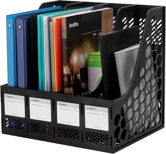 Comix Magazine File Holder Rack/Vertical Desktop File Organizer - Plastic Desk Organizer for Files, Folders, Books - 4 Compartment Binder Organizer - Black-NeatNest