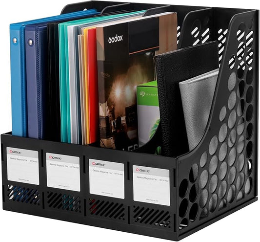 Comix Magazine File Holder Rack/Vertical Desktop File Organizer - Plastic Desk Organizer for Files, Folders, Books - 4 Compartment Binder Organizer - Black-NeatNest