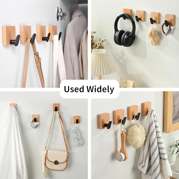 DELITON Towel Hooks Wall Mounted - Adhesive Bathroom Coat Hooks for Hanging Robes Clothes Light Brown, Black Solid Wood Beech Wall Hook 4 Packs-NeatNest