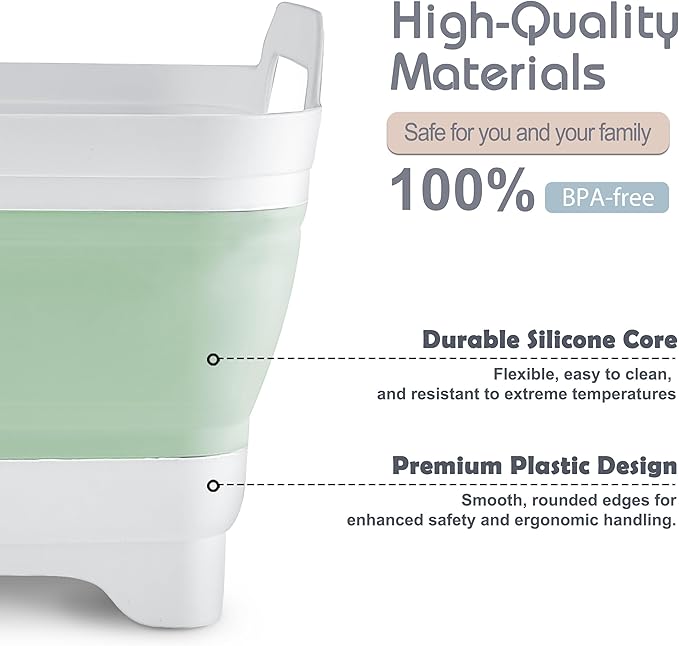 2.4 Gal(9L) Collapsible Dish Basin with Drain Plug, Space Saving Outdoor Multiuse Foldable Sink Tub, Dishpan, Kitchen Storage Tray for Camping, Vegetable Washing, RV (Green)-NeatNest