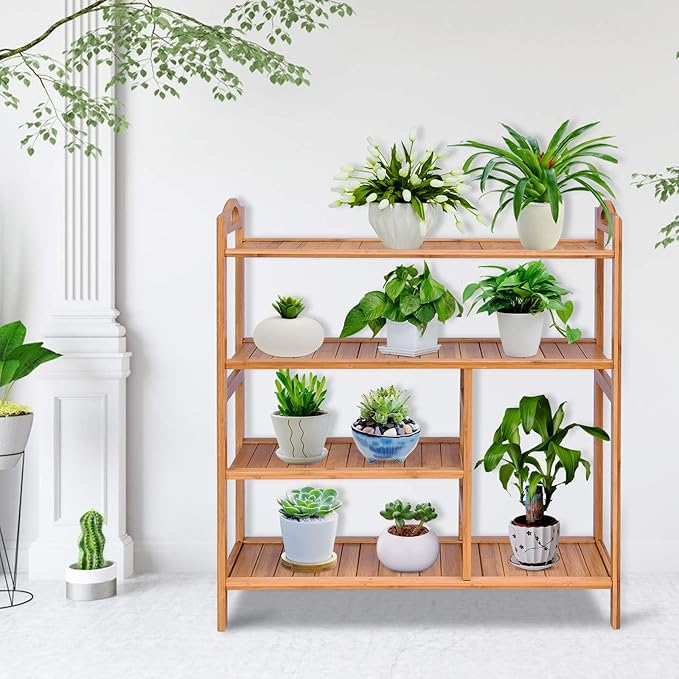 4-Tier Bamboo Shoe Rack with Boots Storage, Freestanding Wooden Display Shelf with Handle, Multifunctional Storage Organizer for Bathroom Entryway, Hallway, Living Room Plant Stand-NeatNest