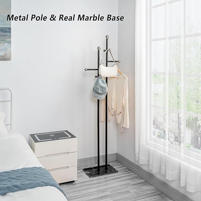 Coat Rack Freestanding with Square Marble Base Heavy Duty Metal Clothes Rack Hanging Stand for Entryway Bedroom Living Room Hotel 14.96 x 10.24 x 68.9 Inches (Black)-NeatNest