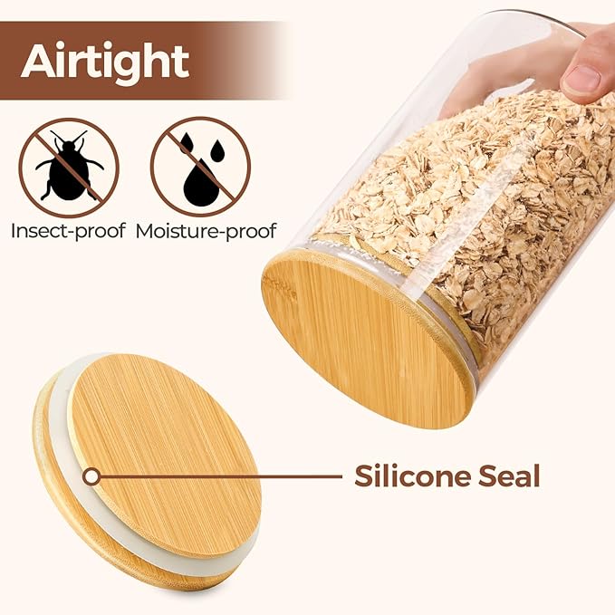 ComSaf Glass Food Storage Jars Set of 6, Clear Glass Storage Containers with Lids, Canisters Sets for the kitchen, Spaghetti, Pasta, Flour, Nuts, Oat, Coffee and Sugar Container, Pantry Organization-NeatNest