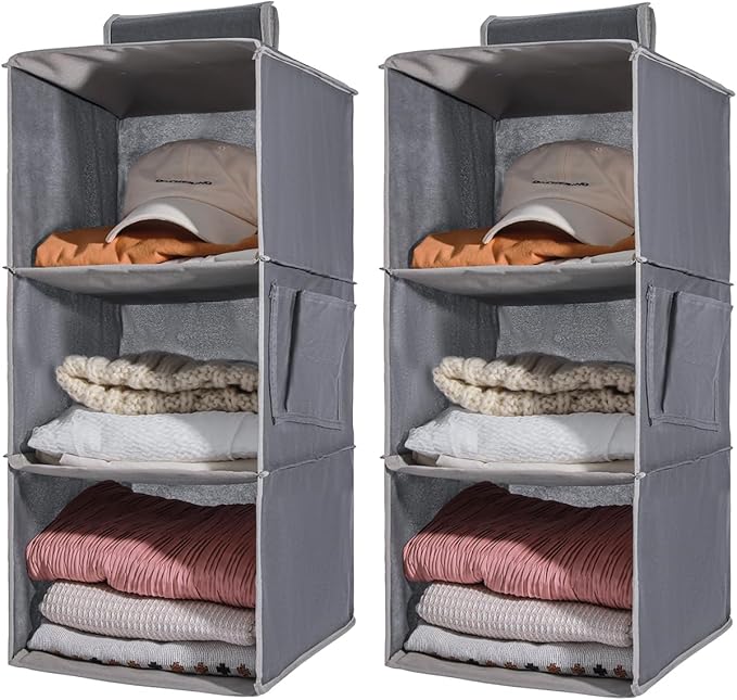 2 Packs Hanging Closet Organizer Stroage, 3-Shelf Hanging Shelves with Bamboo Inserts & Side Pocket, Grey-NeatNest